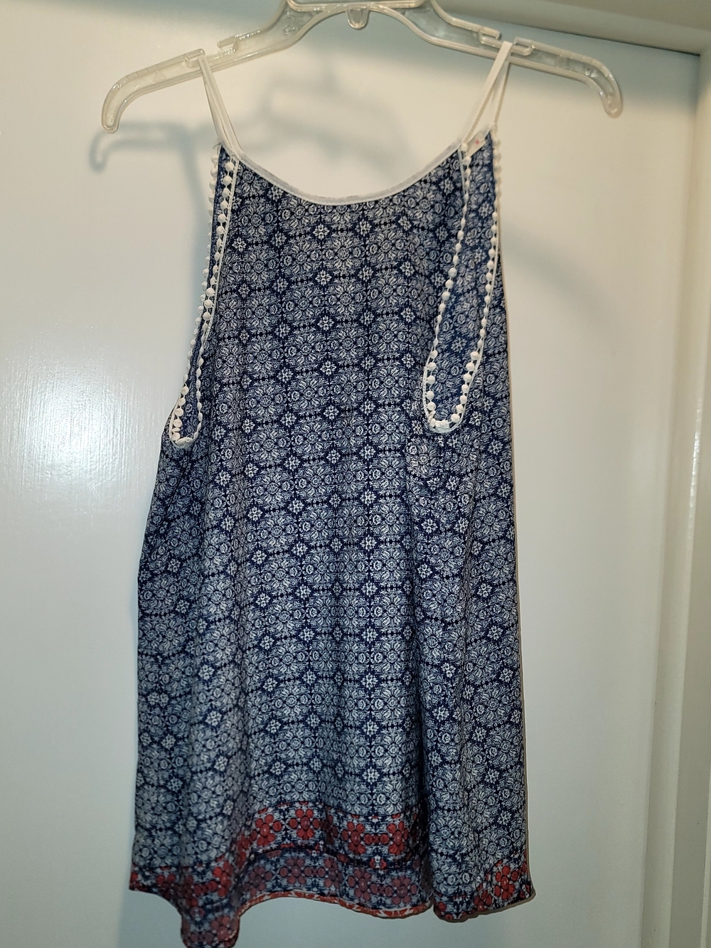 Le Lis Blue and White Printed Spaghetti Strap Top with Pom Trim